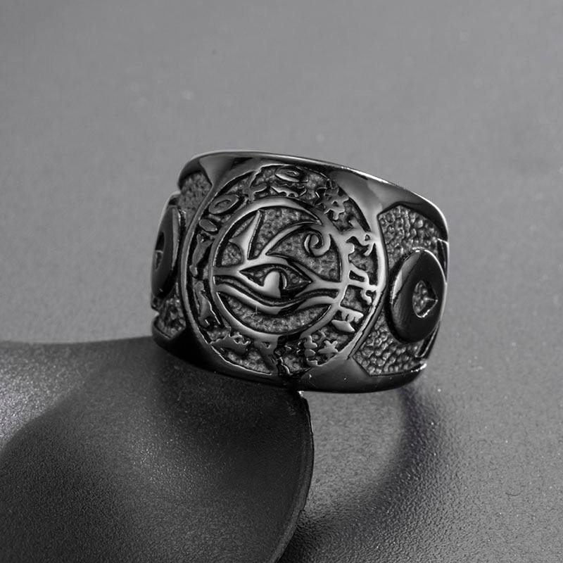 Bague Œil d'Horus et Croix d'Ankh en acier noir | Rasta-Lion