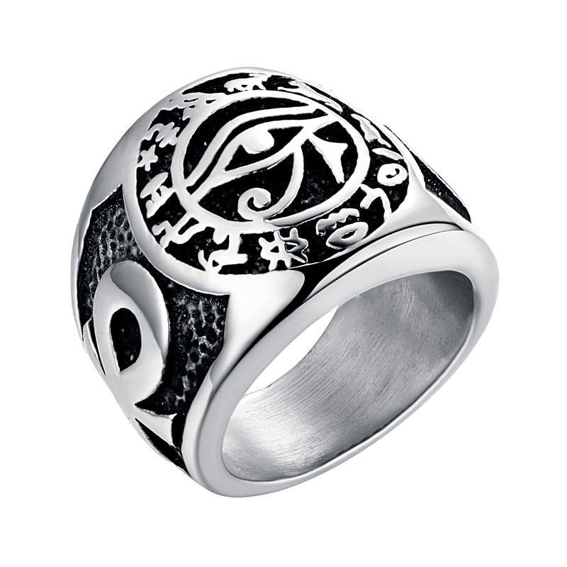 Bague Œil d'Horus et Croix d'Ankh en acier Argenté | Rasta-Lion