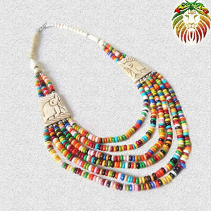 Collier Perles Multicolores avec éléphant en os| Rasta-Lion