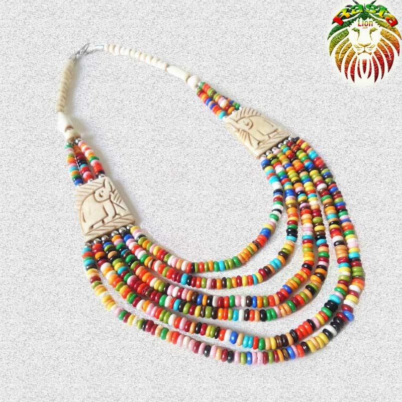 Collier Perles Multicolores avec éléphant en os| Rasta-Zion