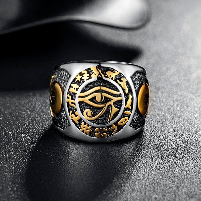 Bague Œil d'Horus et Croix d'Ankh en acier 316 | Rasta-Lion