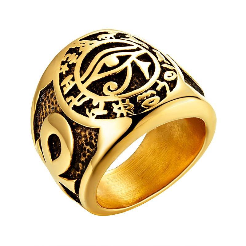 Bague Œil d'Horus et Croix d'Ankh en acier or | Rasta-Lion