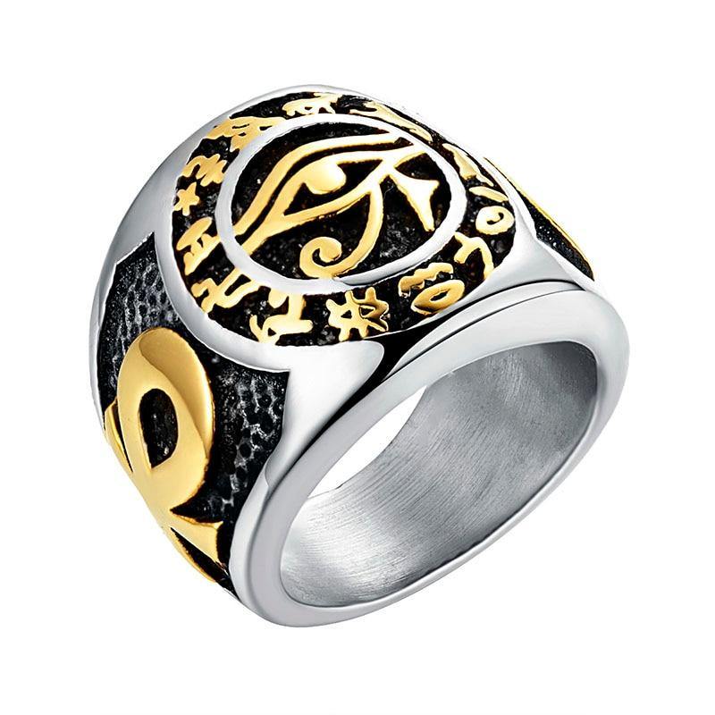 Bague Œil d'Horus et Croix d'Ankh en acier bicolor doré et argent | Rasta-Lion