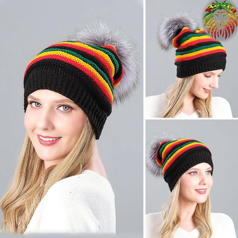 Bonnet Rasta avec Pompon en fourrure naturel | Rasta-Lion