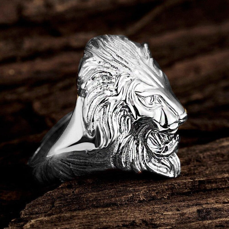 Bague Lion homme argenté de profile | Rasta Lion