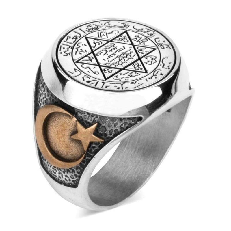 Bague sceau de Salomon avec croissant turc | Rasta-Lion