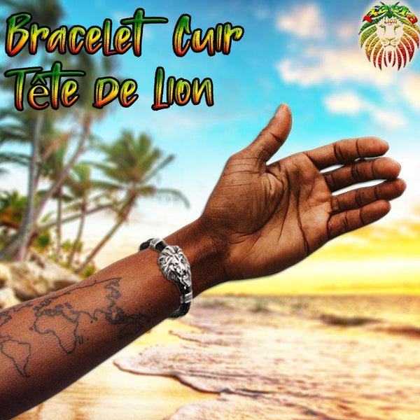 Bracelet Lion Cuire et acier inoxydable | Rasta-Lion